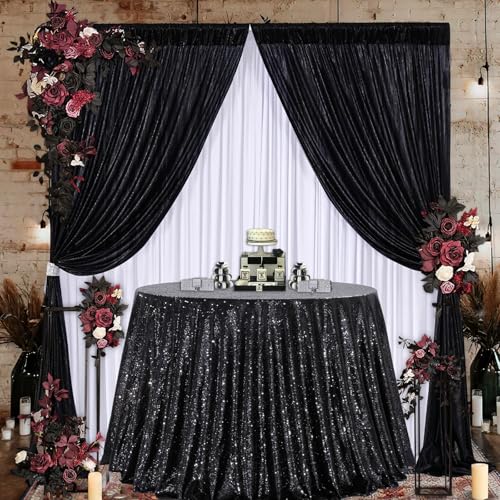 Image of B-COOL Round Tablecloth Sequin Draping Decorations: 132 Inch Tablecloths Black Sequence Overlay Shimmer Fabric for Birthday Dinner Parties Halloween
