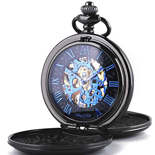 ManChDa Mechanical Roman Numerals Dial Skeleton Pocket Watches with Box and Chains for Mens Women (Gun-Black)