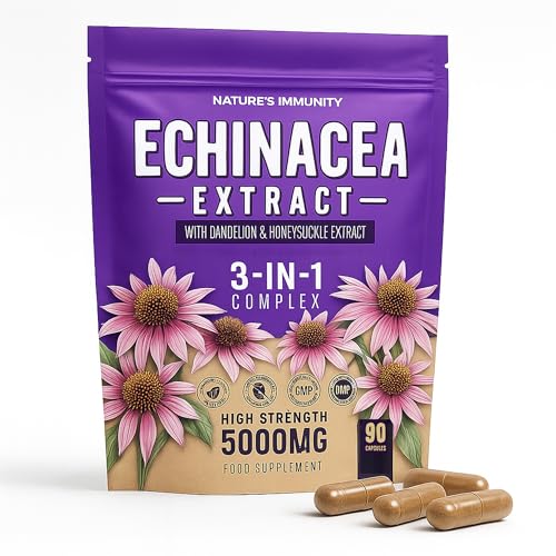 Echinacea Capsules High Strength - 5000mg Echinacea with Dandelion & Honeysuckle - Food Supplement - Vegan - one a Day - 90 Capsules per Pack (1 Single Pack)