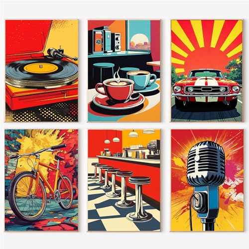 Image of cupmod 6 Packs Vintage Paint by Numbers Kit for Adults,Retro Funny Adults Paint by Number Kits on Canvas Without Frame,Easy Acrylic Oil Painting by Numbers Kit for Home Wall Decor 9.8x13.8inch