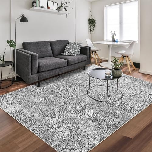 vivorug 8x10 Area Rugs for Living Room, Non-Slip Backing Washable Grey Rug 8x10, Large Area Rug Soft Carpet for Bedroom Dining Room, Vintage, Easy Clean, Durable, Low Pile Rug Under Table