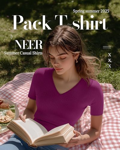 Neer 4 Pack Women's V Neck T-Shirts Cotton Short Sleeve Ribbed Slim Fit Tops Casual Summer Basic Tee Multipack 6