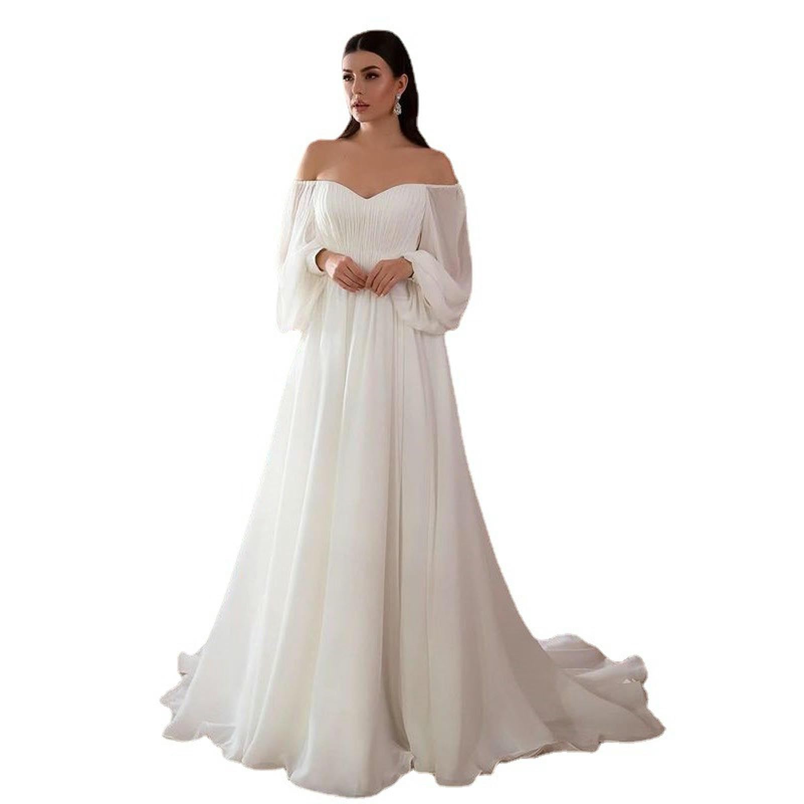 Brautjungfernkleid Elegante Weiße Hochzeitsfeier Langarm Kleid Brautjungfern Maxikleid-weiß-XL