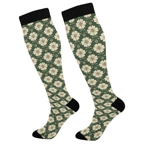 ALAZA Yellow Green Tile Blossom Compression Socks for Women Men Circulation Long Socks Running Athletic Cycling 2 pair