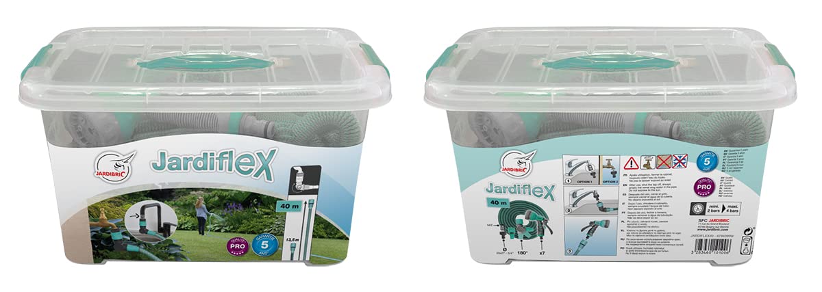 Jardibric – Juego de mangueras extensibles y retráctiles – Uso intensivo – Longitud de 13,5 a 40 m – Conveniente para el riego y el riego, conexión articulada de 180 ° – Caja de almacenamiento de