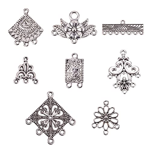 PandaHall Elite 120 pcs 8 Shapes Tibetan Style Chandelier Component Links Charm Pendant Connectors for Earring DIY Jewelry Making, Antique Silver