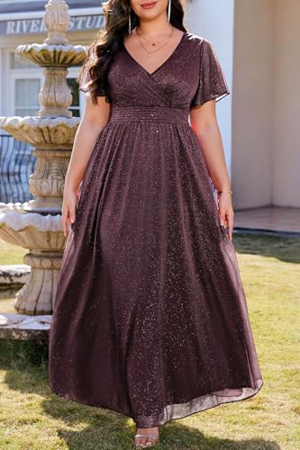 Image of Talisea Plus Size Formal Dresses - V Neck Flutter Sleeve Glitter Prom Evening Gowns Wedding Guest Chiffon Long Maxi Dress