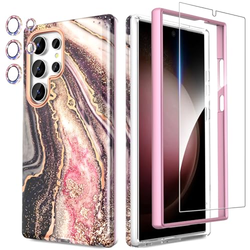 SHEDEER for Samsung S24 Ultra Case with Glitter Camera Protector & Screen Protector, Chic Anti-Yellowing Pattern, Shockproof Drop Protection Anti-Scratch Cover Galaxy S24 Ultra 6.8'', Distant Black