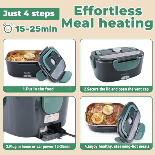 Dosevita Electric Lunch Box 80W 1.5L Heated Lunch Box 12V/24V/230V 3-in-1 Portable Food Heater with Insulated Lunch Bag Spoon and Fork Suitable for Car Truck Office Home - Image 2