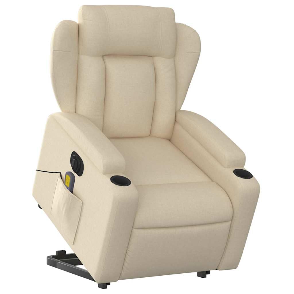 Elektrischer Relaxsessel Creme Stoff mit Aufstehhilfe, Liegefunktion, 6-Punkt-Vibrationsmassage, Armlehnen, Getränkehalter, Seitentasche, modernes Design