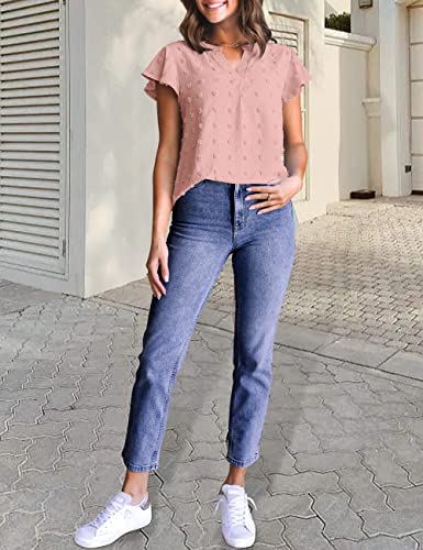 Merokeety Women V Neck Flowy Short Sleeve Swiss Dot Blouse Business Casual Loose Shirt Top Pink Medium #TOP5