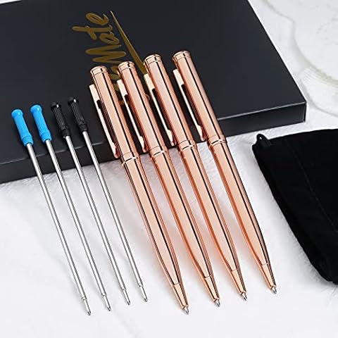 WEMATE 4Pcs Slim Retractable Ballpoint Pens, Extra 4Pcs Ink Refills in Black and Blue, Metal Pen 1.0mm Medium Point, Writing Pens with Gift Box for Office,Students, Teachers and Wedding Rose Gold Cover