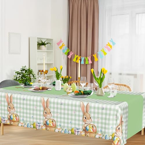 Image of QZYL 3 Pack Easter Tablecloths, 54 inch x 108 inch Disposable Easter Decorations, Sage Green Bunny Plaid Spring Tablecloth, Rectangle Plastic Easter Table Cloth with Easter Party Decorations Supplies Favors