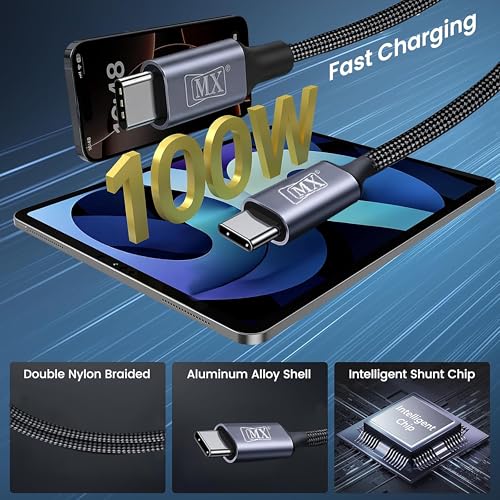 Image of MX 2 in 1 Type C to Type C Fast Charging Cable 100W, Dual Device Charging Cable, Fast Charging Cable for Samsung, OnePlus, Realme, MacBook, Laptop & iPad, 1M