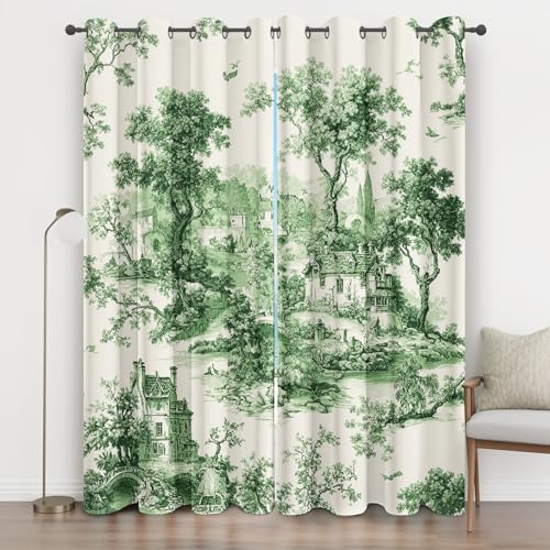 Générique Rideau Occultants Toile de Jouy, Maison Arbre Campagne 3D Œillet Rideaux Isolant Thermique Anti Bruit, 3 Panneaux, Paysage Rural Vert Rideau pour...