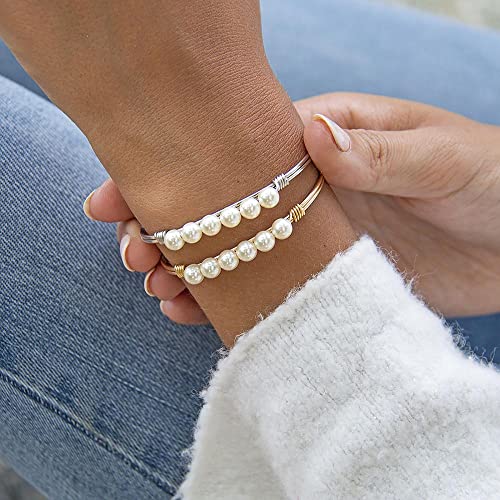 Luca + Danni Crystal Pearl Bangle Bracelet For Women Classic White - Brass Tone Size Petite Made in USA - Image 4