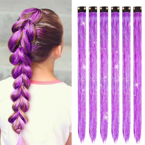 6 Pcs Purple Tinsel K-POP Singer Clip in Hair Extensions Kit 19 Inch Glitter Fairy Hair Strands Highlights Synthetic Hairpiece for K-POP Singer Birthday Decorations Party Supplies Costume Accessories