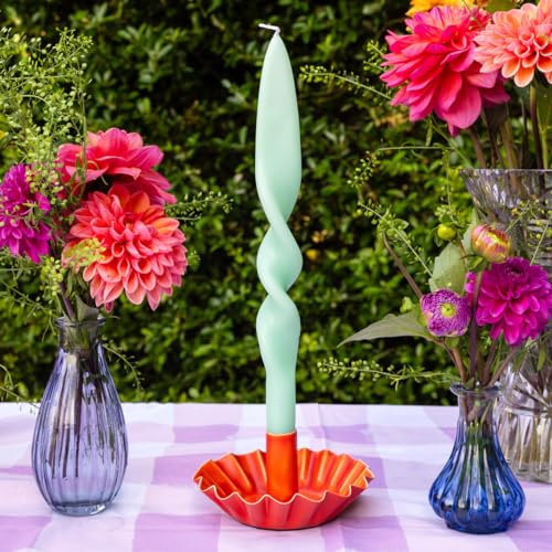 Scalloped Orange Metal Dinner Candle Holder, Handmade in India with Enamel Finish, Elegant l Table Decor - Image 2