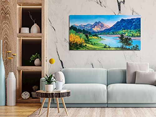 Ardemy Nature Mountain Canvas Wall Art Stream Scenery Painting Summer Blue Ridge Landscape Green Teal Panoramic Picture Artwork Framed Large For Home Office Living Room Bedroom Bathroom Decor 40"X20” #TOP1