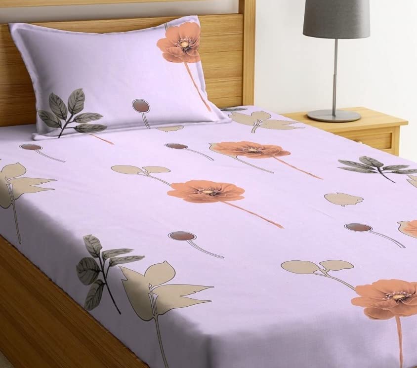 Image of NHD HOME Premium Glace Cotton 180 TC Flat Single Bedsheets for Summer Breathable | Wrinklefree (Size-60 X 90 Inch) with 1 Pillow Covers (Size-17 X 27 Inches, Pinkished Flower Printed)
