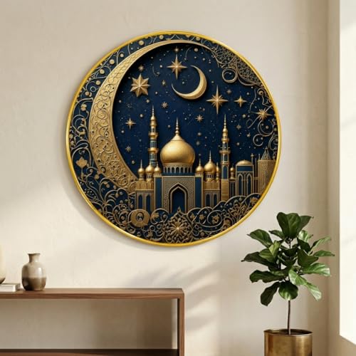 Image of SAF Islamic Mosque Crescent Moon Round Wall Painting with Premium PVC Golden Frame, Blue Gold Starry Night Arabic Art for Prayer Room Living Room Decor (16 x 16 Inch) GRM-436