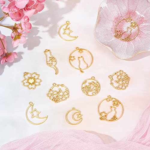 SUNNYCLUE 1 Box 32Pcs 8 Styles Alloy Open Back Bezel Pendants Moon Star Flat Round with Cat Flower Hollow Frame Charms for Crafts - Image 4