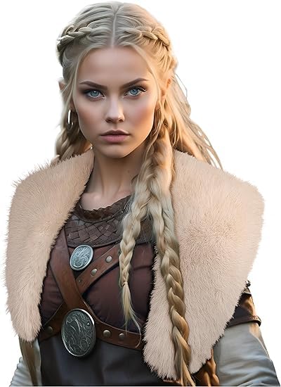 Junova Women's Viking Faux Fur Collar Shawl Shoulder Fur Wrap Warrior Pirate Cosplay Halloween Accessory