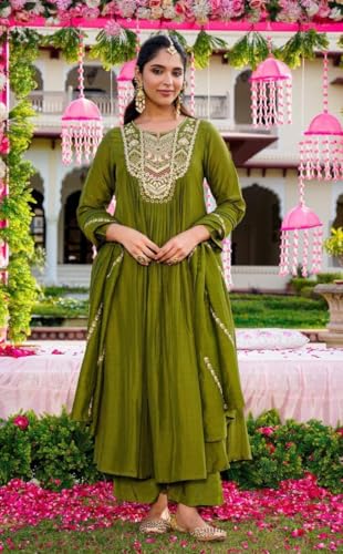 Image of Nermosa Women Embroidery Solid Anarkali Kurta and Pant Set with Dupatta