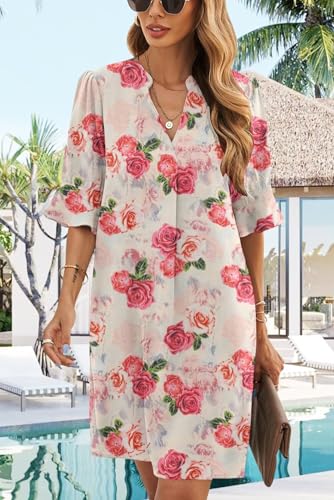 Image of QACOHU Summer Dresses for Women V Neck Ruffle Short Sleeve Casual Shift Dress