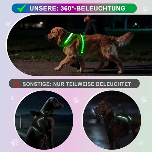 KOSKILL LED Hundegeschirr RGB wiederaufladbar mit Type C Ladung und Akku Anzeige superhelles Reflex Sicherheitsgeschirr für kleine mittlere Grosse Hunde Nacht wasserdicht leicht atmungsaktiv