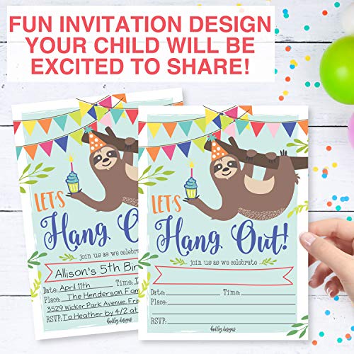 Image of Hadley Designs Kids Birthday Invitations For Boys and Girls Sloth Theme - 25 Sloth Birthday Party Invitations For Boys, Let's Hang Out Invites For Girls, Cute Animal Party Supplies, Made In USA