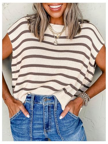 Verdusa Women's Striped Short Sleeve Sweater Casual Crew Neck Side Slit Loose Knit Tops3