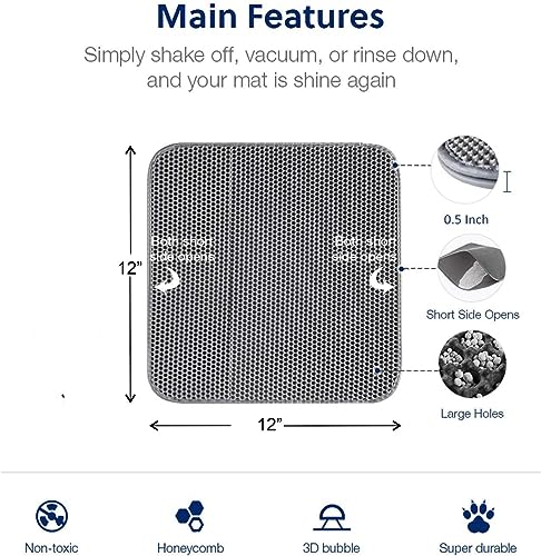 Image of Cat Litter Mat 12 in x 12 in Double Layer Open Edge Design, Waterproof Urine Proof Trapping, EVA Material, Durable, Washable, for Litter Box and Tray (Grey)