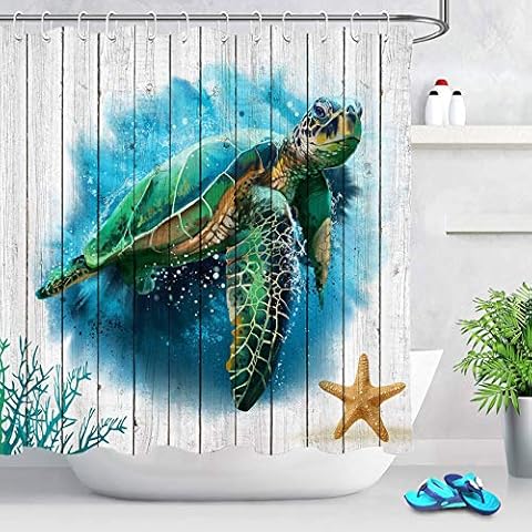 ECOTOB Sea Turtle Shower Curtain for Kids Bathroom, Underwater World Sea Turtle and Starfish on Rustic Wood Panels Bathroom Accessories Fabric Bathroom Curtain with Shower Curtain Hooks, 72x72 inches Cover