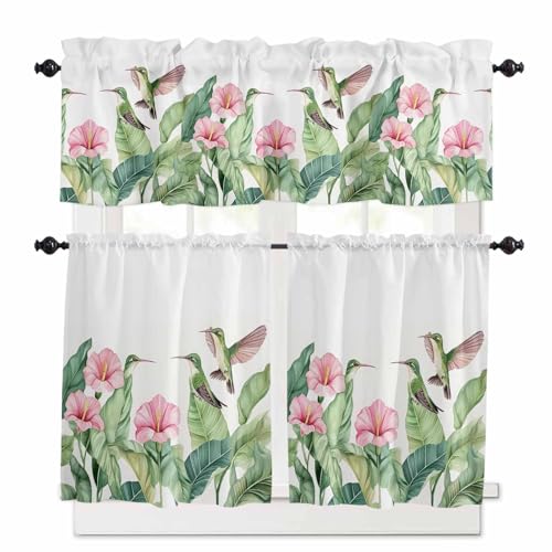 Tropical Plants Kitchen Curtains 36 Inch Length,3 Piece Rod Pocket Small Half Tiers and Valance Set,Summer Spring Flowers Palm Leaves Birds Small Large Window Treatment Decor for Bedroom/Bathroom