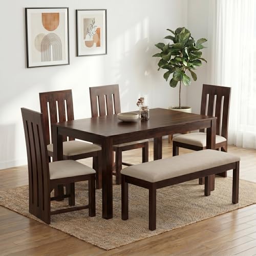 Image of SONA ART & CRAFTS Poster Sheesham Wood Dining Table Set 6 Seater Dinner Dinning Table with 4 Cushion Chair with 1 Bench for Dining Furniture for Living Room Home Hotel Office (Walnut)