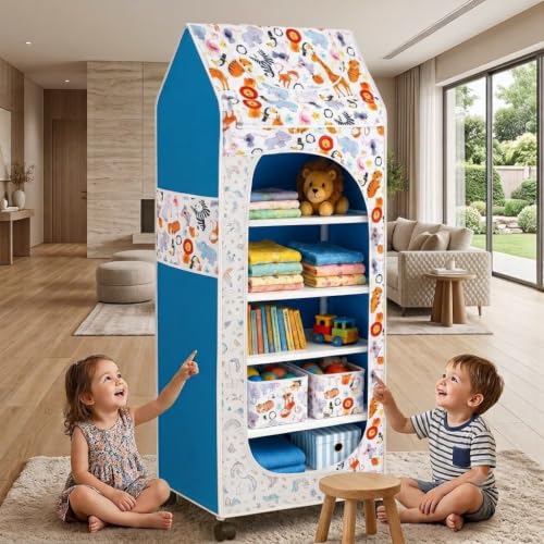 Image of YouCopia Baby Wardrobe Plastic Kids Storage Rack with Fabric Cover & Wheels | 6-Tier Plastic Shelves Organizer | Toy, Book & piceLiner Spice Drawer Liner, Kids Room (Wild Animal)