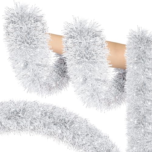 Image of 50ft Silver & White Christmas Tinsel Garland - Metallic Tinsel Glitter Twist Garland Hanging Streamers for Indoor /Outdoor Decor Xmas Tree Garlands Decorations