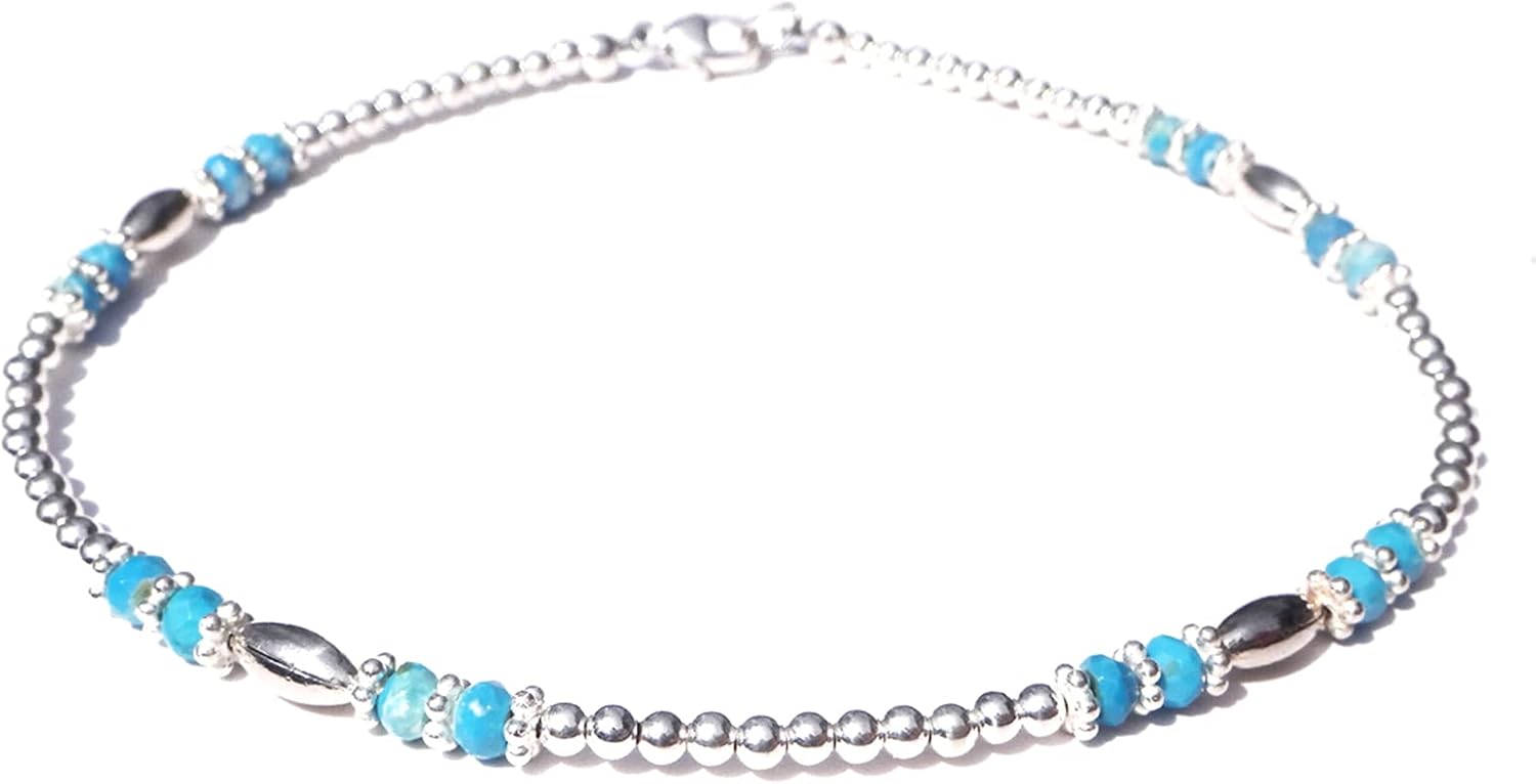 DAMALI Turquoise Anklet December Birthstone Beaded Gemstone Ankle Bracelets, Sagittarius & Capricorn Zodiac Gems -Sm, XL Plus