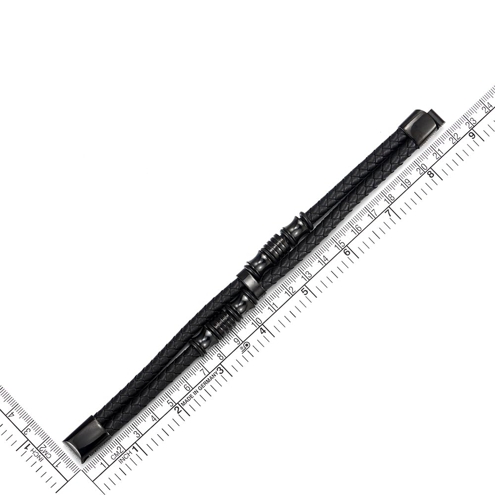 COOLSTEELANDBEYOND Double Strand – Men's Interwoven Leather Bracelet – Leather – Stainless Steel Charms, Magnetic Clasp