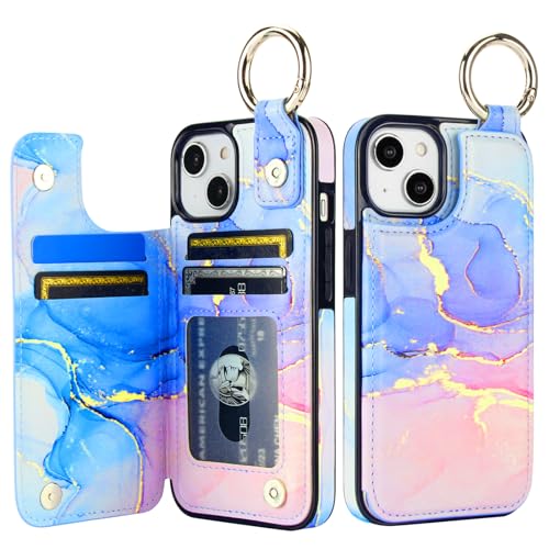 Image of HAOPINSH for iPhone 13 iPhone 14 Wallet Case with Card Holder, Pink Blue Marble Print Back Flip Folio PU Leather Kickstand Card Slots Case, Finger Grip Ring Double Magnetic Clasp Shockproof 6.1 inch