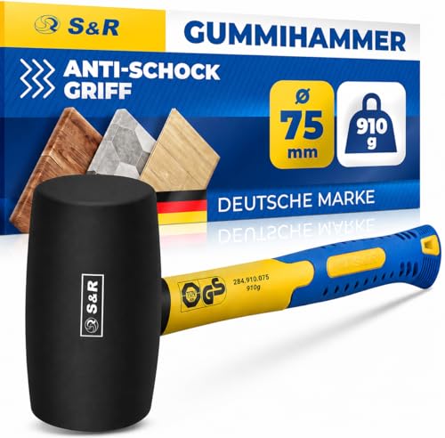 S&R Gummihammer Klein Schwarz 75mm 910g Camping Hammer Schonhammer Pflasterhammer Rückschlagfrei - zuverlässig für Fliesen Möbel und Fenster - GS Siegel sowie TÜV geprüft