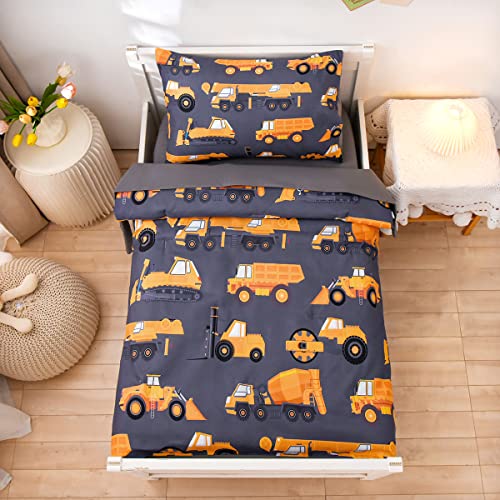 Image of NTBED 4 Pieces Construction Toddler Bedding Set for Baby Boys, Truck Vehicles Excavator Cars Printed, Includes Comforter, Flat Sheet, Fitted Sheet and Pillowcase,Grey