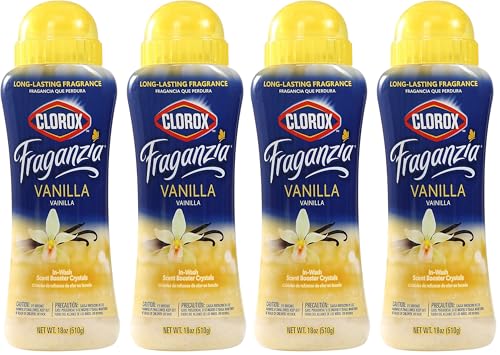 Image of Clorox Fraganzia Laundry Scent Booster Crystals,In-Wash Fragrance Beads for Fresh-Smelling Clothes & Linens,Safe for All Fabrics & Colors,Easy-Pour Bottle,Vanilla Scent,18 Oz,(Pack of 4)