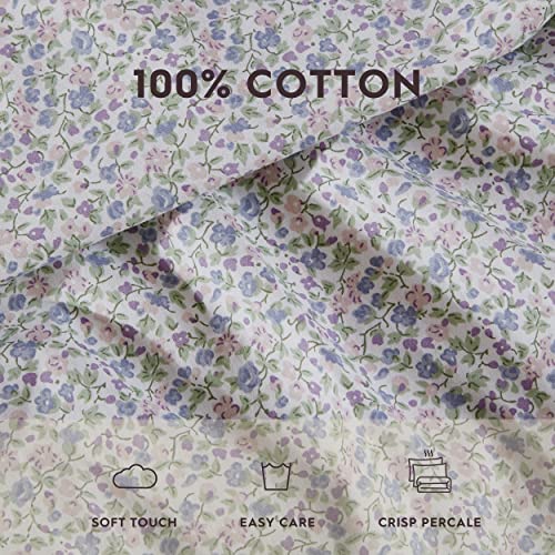 Image of Laura Ashley - Full Size Sheet Set, Crisp & Lightweight Cotton Percale Bedding with Fitted Sheet and Pillowcases, Floral Room Decor, Deep Pocket, College Dorm Room Essentials (Emogene Purple)