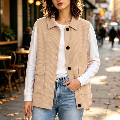 Corduroy Vest Women Sleeveless Turn Down Collar Button Up Waistcoat - image 5