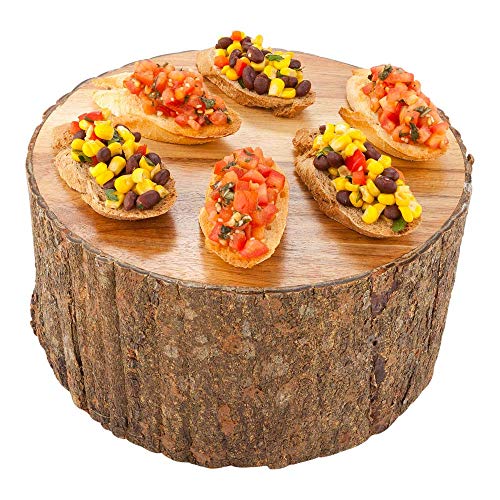 Restaurantware 10 x 5 Inch Rustic Riser For Displays 1 Large Wood Display Riser - Varnished With Bark Edges Hollowed Bottom Acacia Wood Tree Stump Display Stand For Appetizers Or Desserts