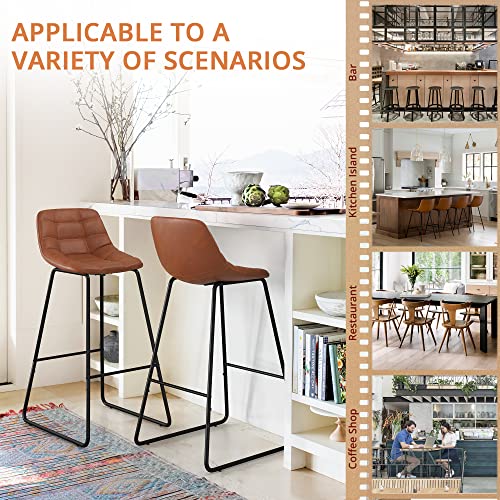 Lue Bona Barstool, 30" Faux Leather Kitchen Island Bar Stools Set Of 4, Pu Urban Armless Upholstered Checkered Pattern Dining Chair Leather With Metal Legs, For Restaurant, Coffee Shop, Red Brown #TOP5