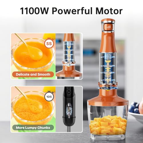 Image of Turelar Immersion Blender Handheld Corded Hand Blenders Set 1100W, Trigger Variable Speed 5 in 1 Stick Emulsifier with Chopper, Whisk and Frother for Soup, Baby Food and Smoothies, Orange