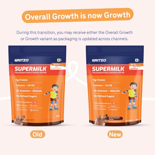Image of Gritzo SuperMilk Growth (10-12y Girl), Double Chocolate, 800g | 11g Protein with 20 Vitamins & Minerals | Zero Refined Sugar